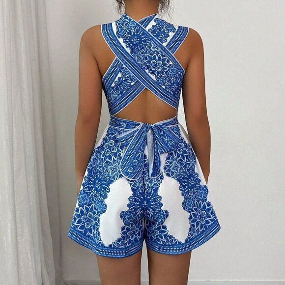 Casual Women's Allover Print Halter Crisscross Back Cinched Waist romper - Picture 2 of 6